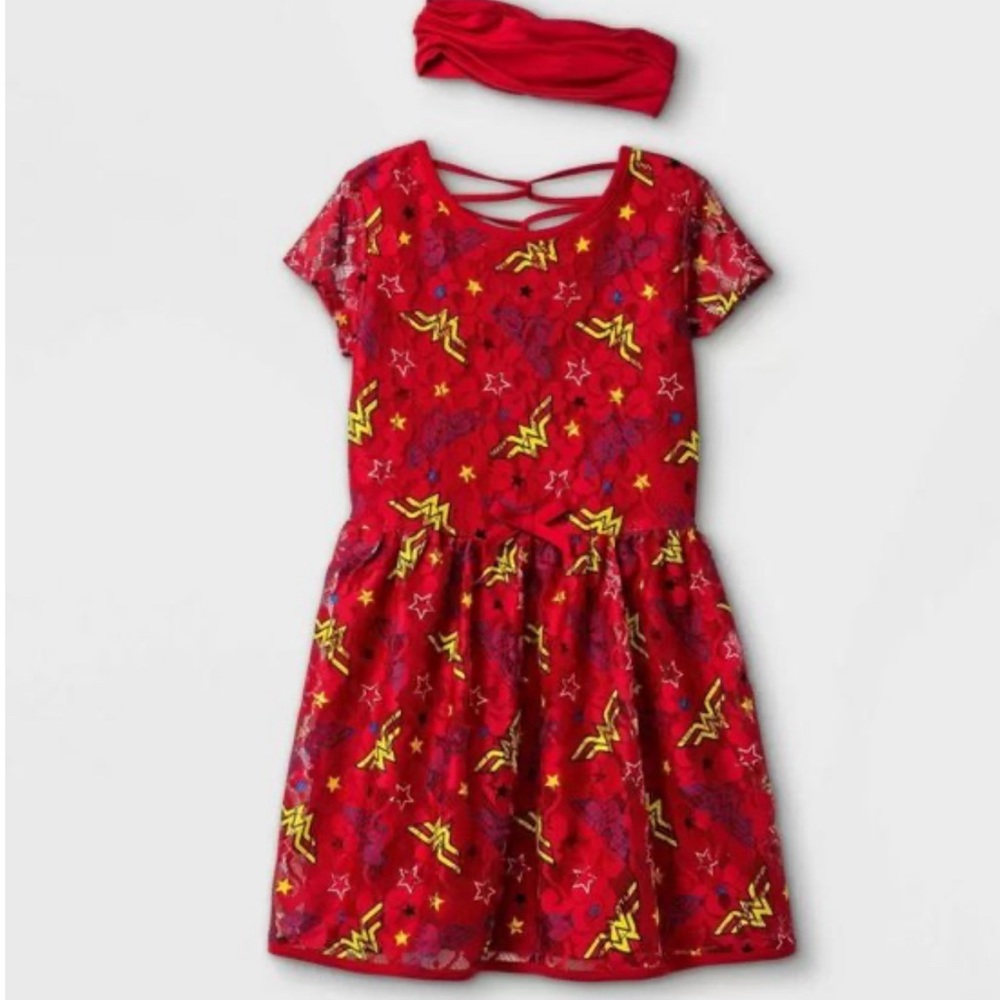 Wonder Woman Girls 4/5 Dress DC Comics Short Sleeve Headband NWT